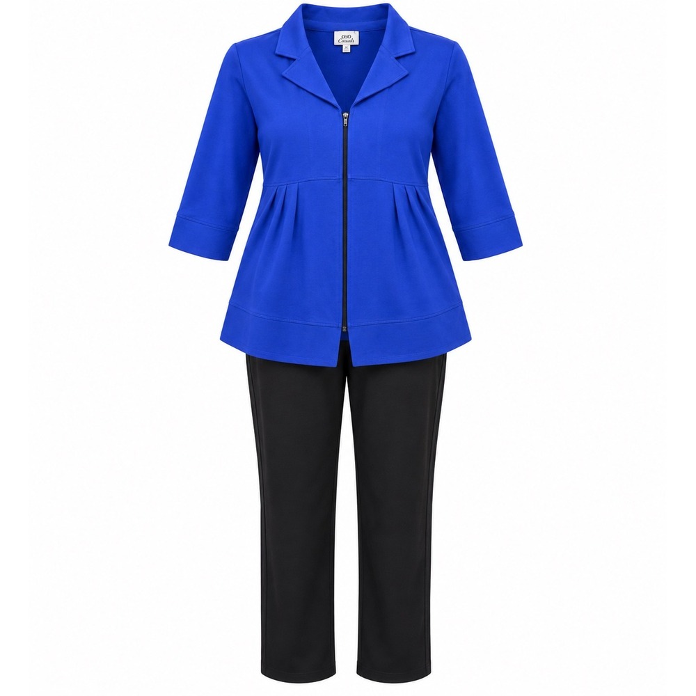 OSO Casuals Women's 2X Blue Zip Front Tunic Jacket & Black Pants 2 Piece Set